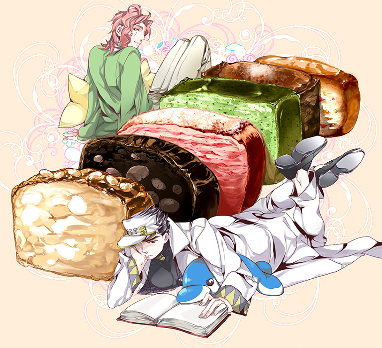 book, hat, jojo_no_kimyou_na_bouken, kakyouin_noriaki, kuujou_joutarou, long_coat, nougat, reading, scar, stuffed_animal, stuffed_dolphin, stuffed_toy, sweets, tsuruko_turuta, white_jacket