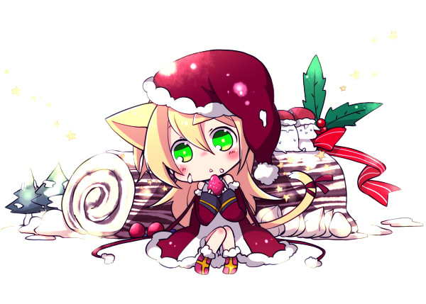 1girl, blazblue, blonde_hair, blush, chestnut_mouth, chibi, christmas, coat