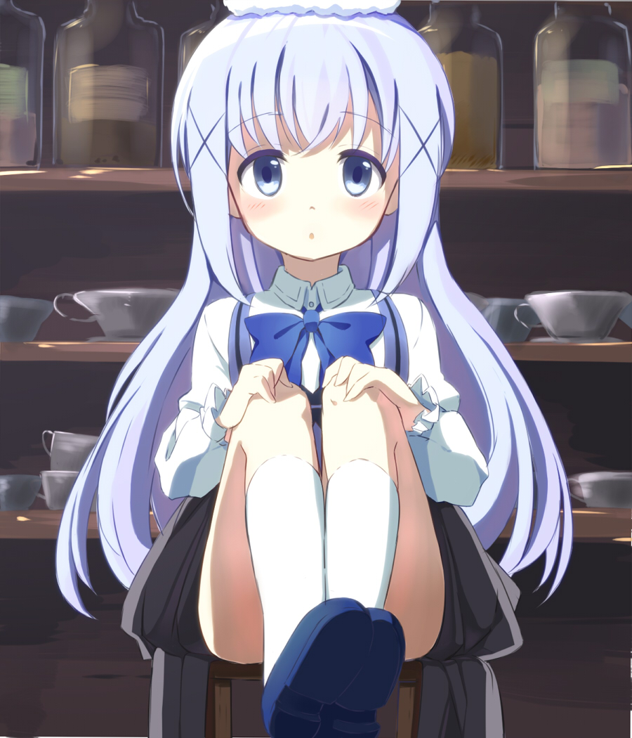 1girl, :o, blue_eyes, blue_hair, blush, bow, gochuumon_wa_usagi_desuka?, kafuu_chino, long_hair, ramu_(taka1995), socks, solo