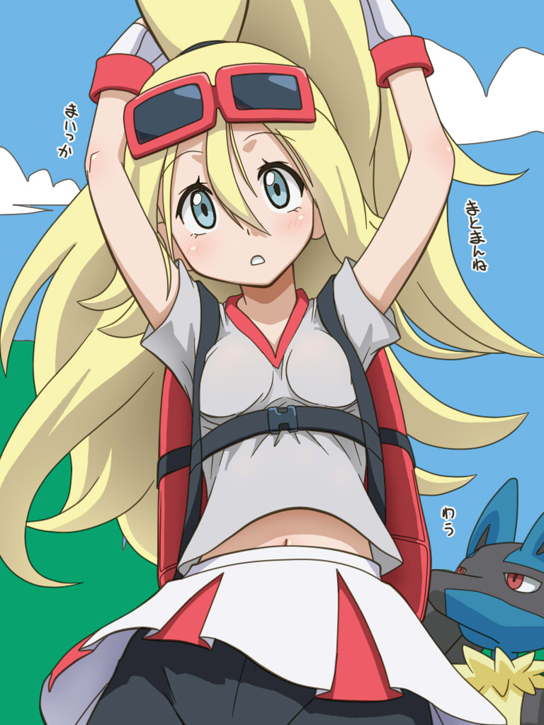 1girl, alternate_costume, arms_up, awa, backpack, bag, bike_shorts, blonde_hair