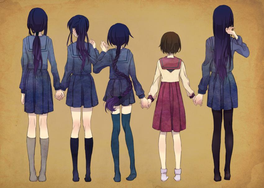5girls, blue_hair, braid, brown_hair, commentary_request, from_behind, holding_hands, interlocked_fingers