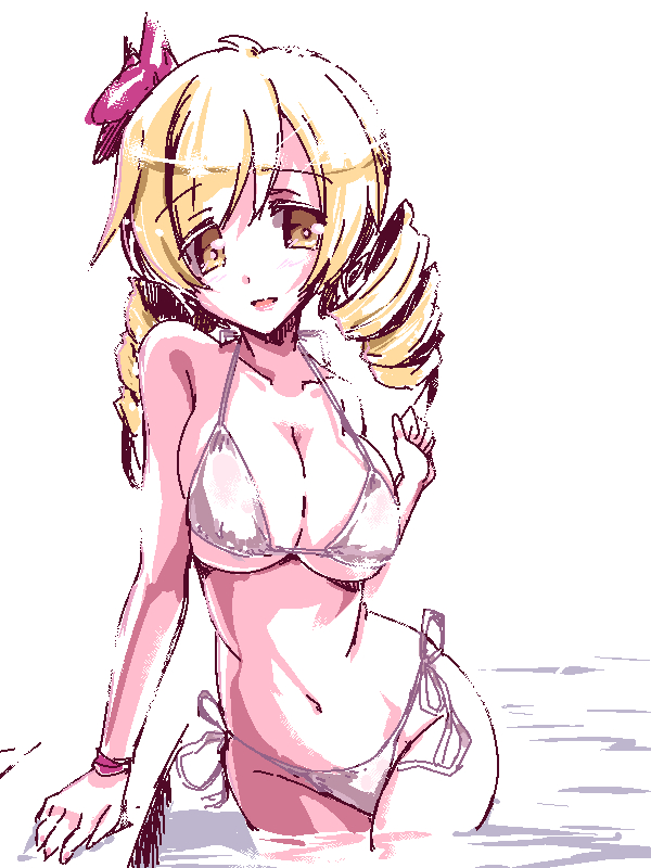 1girl, bikini, blonde_hair, bow, bracelet, breasts, drill_hair, hair_bow, hazumi_miruku, jewelry, large_breasts, mahou_shoujo_madoka_magica, pool, side-tie_bikini, sketch, swimsuit, tomoe_mami, twin_drills, twintails, white_swimsuit, yellow_eyes