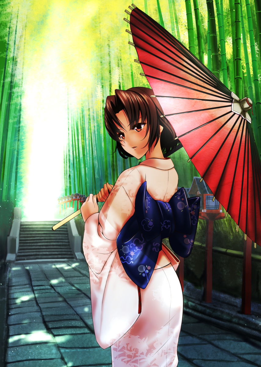 1girl, bamboo, bamboo_forest, black_hair, blush, forest, highres, hkn_(ringya)