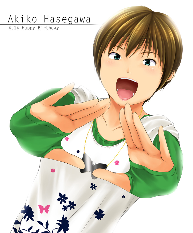foreshortening, green_eyes, hands, happy_birthday, hasegawa_akiko, idolmaster, nishi_(count2.4), seiyuu