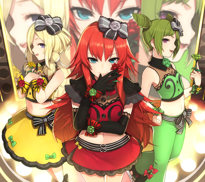 3girls, blonde_hair, blue_eyes, bow, double_bun, elbow_gloves, flower, gloves