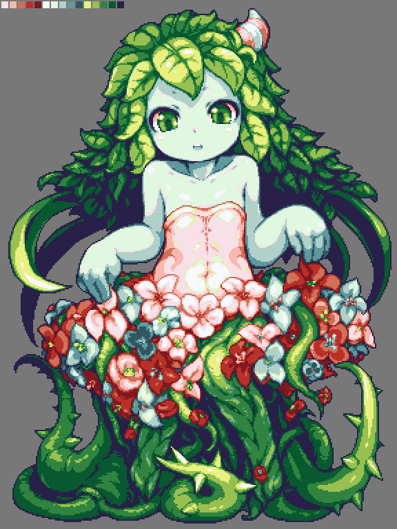 1girl, alraune, bare_shoulders, blue_skin, curtsey, dress, flat_chest, flower
