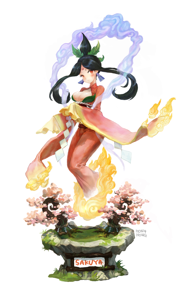 1girl, black_hair, blush, breasts, character_name, cherry_trees, cleavage, hong_yun_ji