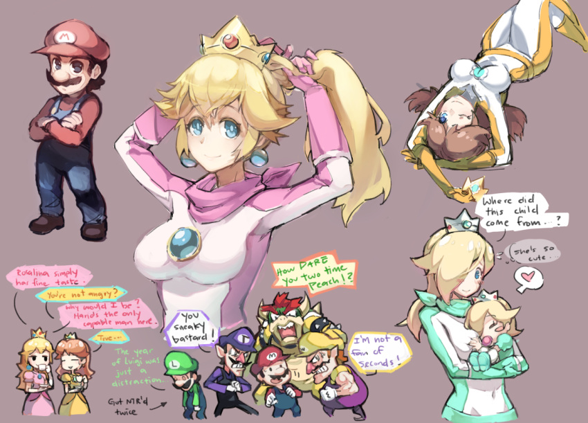 alternate_costume, baby, baby_rosalina, blonde_hair, blue_eyes, bodysuit, bowser, breasts