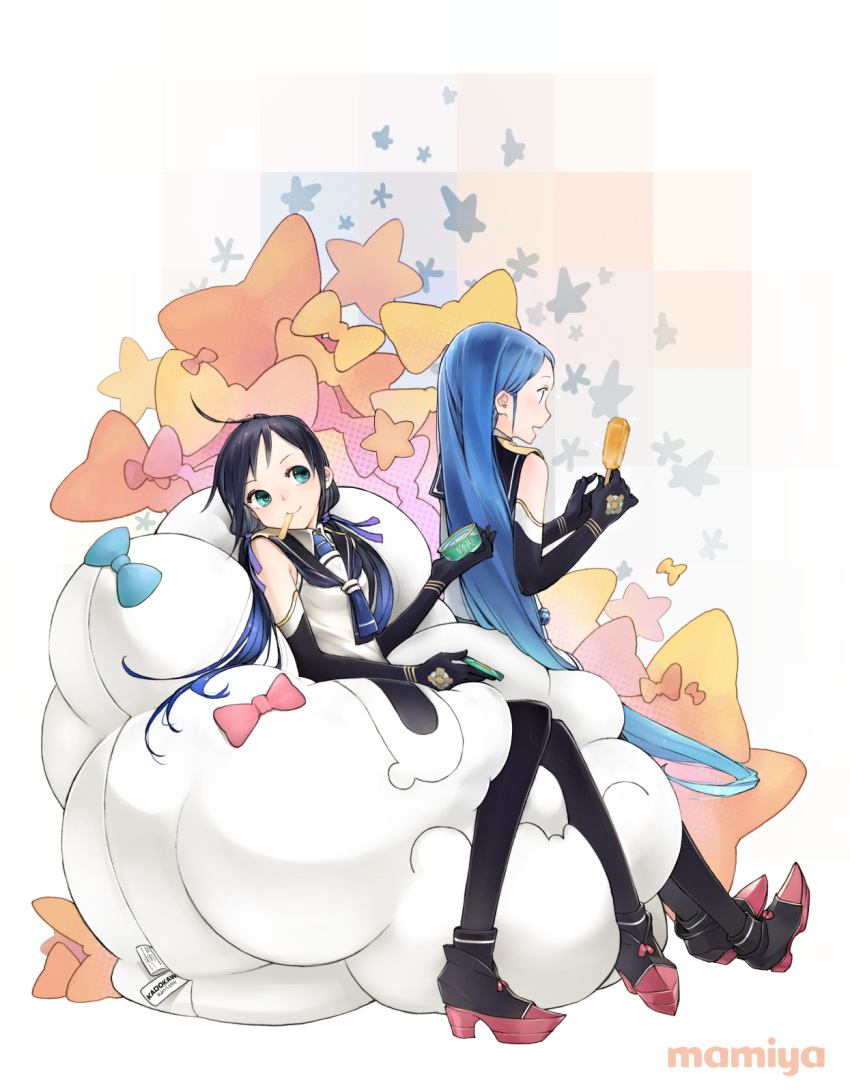 2girls, aqua_eyes, bare_shoulders, black_gloves, black_legwear, blue_eyes, blue_hair, blush