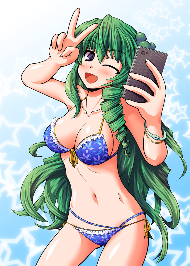 1girl, bikini, blue_bikini, blush, bracelet, breasts, cellphone, cleavage, collarbone, frog_hair_ornament, fue_(fuef), green_hair, grey_eyes, hair_ornament, jewelry, kochiya_sanae, large_breasts, long_hair, navel, one_eye_closed, open_mouth, phone, pose, side-tie_bikini, smile, snake, solo, star, swimsuit, touhou, v, very_long_hair, wink