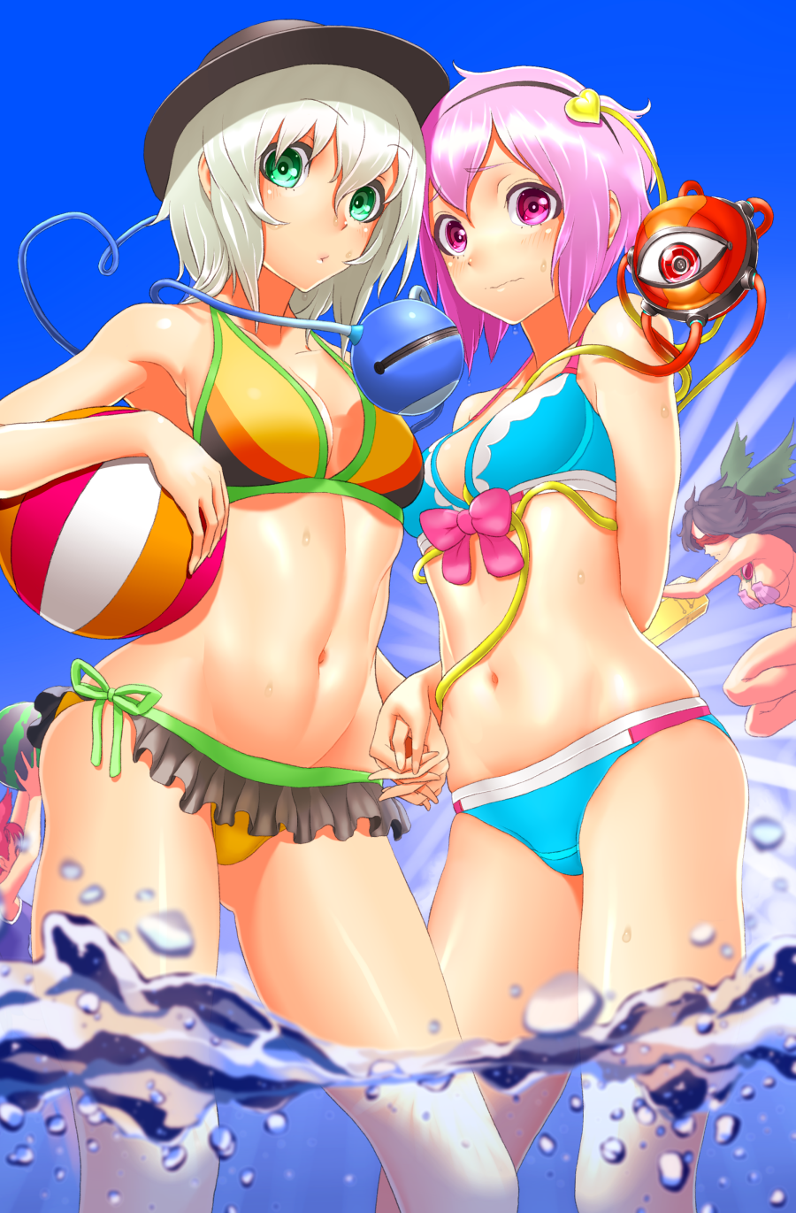 4girls, animal_ears, arm_cannon, ball, beachball, bikini, black_hair, black_wings