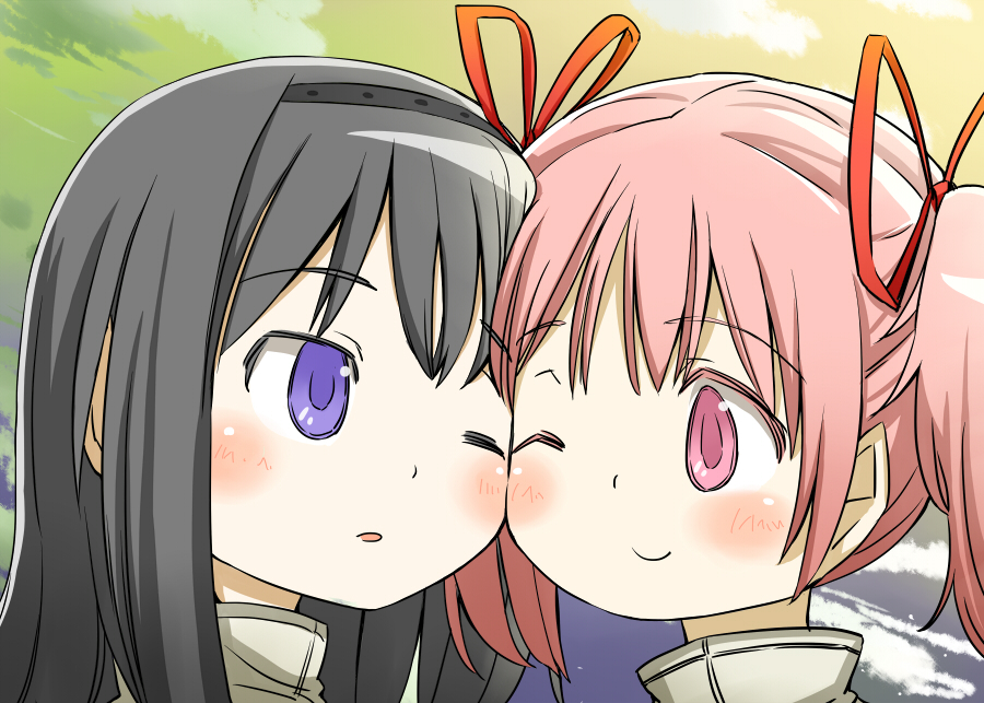 2girls, ;), akemi_homura, black_hair, blush, cheek-to-cheek, eye_contact, hair_ribbon