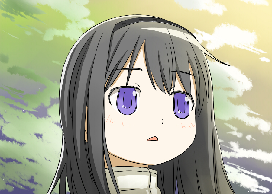 1girl, akemi_homura, black_hair, hairband, long_hair, looking_up, mahou_shoujo_madoka_magica, portrait