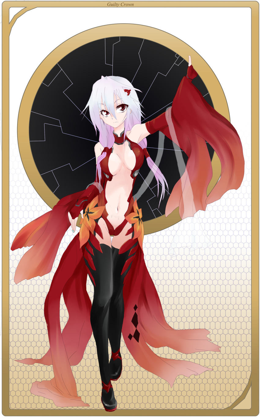 1girl, bare_shoulders, black_legwear, breasts, center_opening, cleavage, detached_sleeves, elbow_gloves