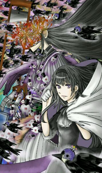 1girl, akemi_homura, black_hair, dress, familiar_(madoka_magica), flower, funeral_dress, guillotine