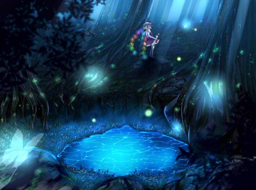 1girl, aru0607, blonde_hair, butterfly, closed_umbrella, fireflies, flandre_scarlet, forest