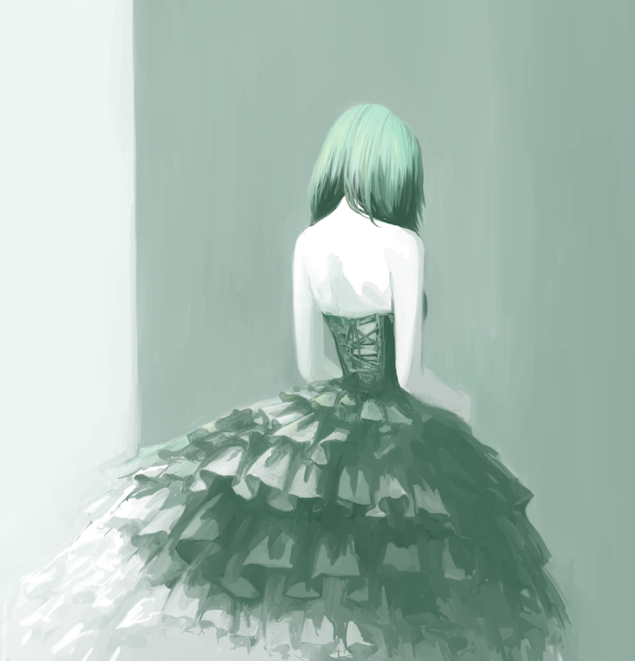 1girl, aqua, aqua_background, aqua_dress, aqua_hair, bare_back, bare_shoulders, corset