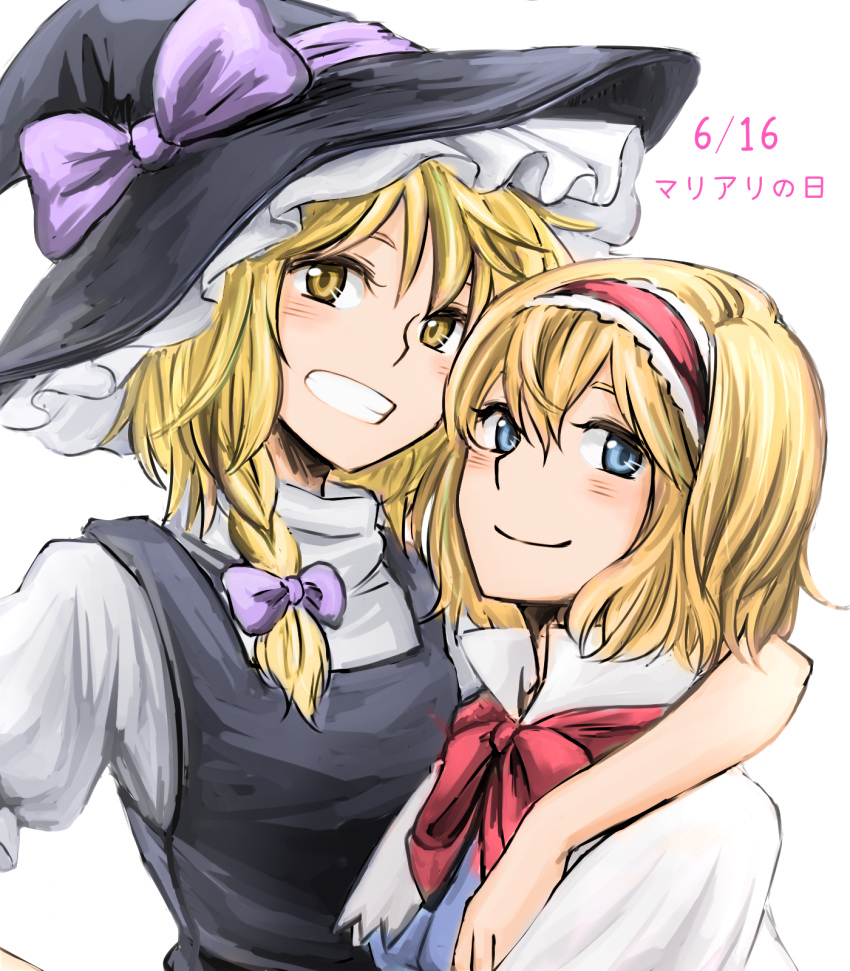 2girls, alice_margatroid, arm_around_shoulder, blonde_hair, blue_eyes, bow, braid, bust