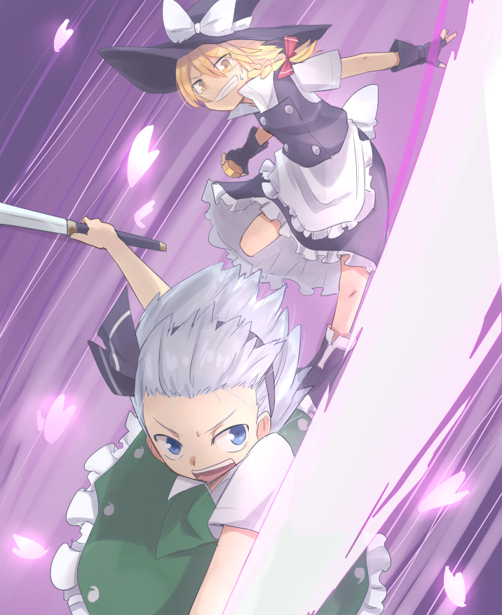 2girls, ankle_boots, apron, battle, blonde_hair, blue_eyes, boots, bow
