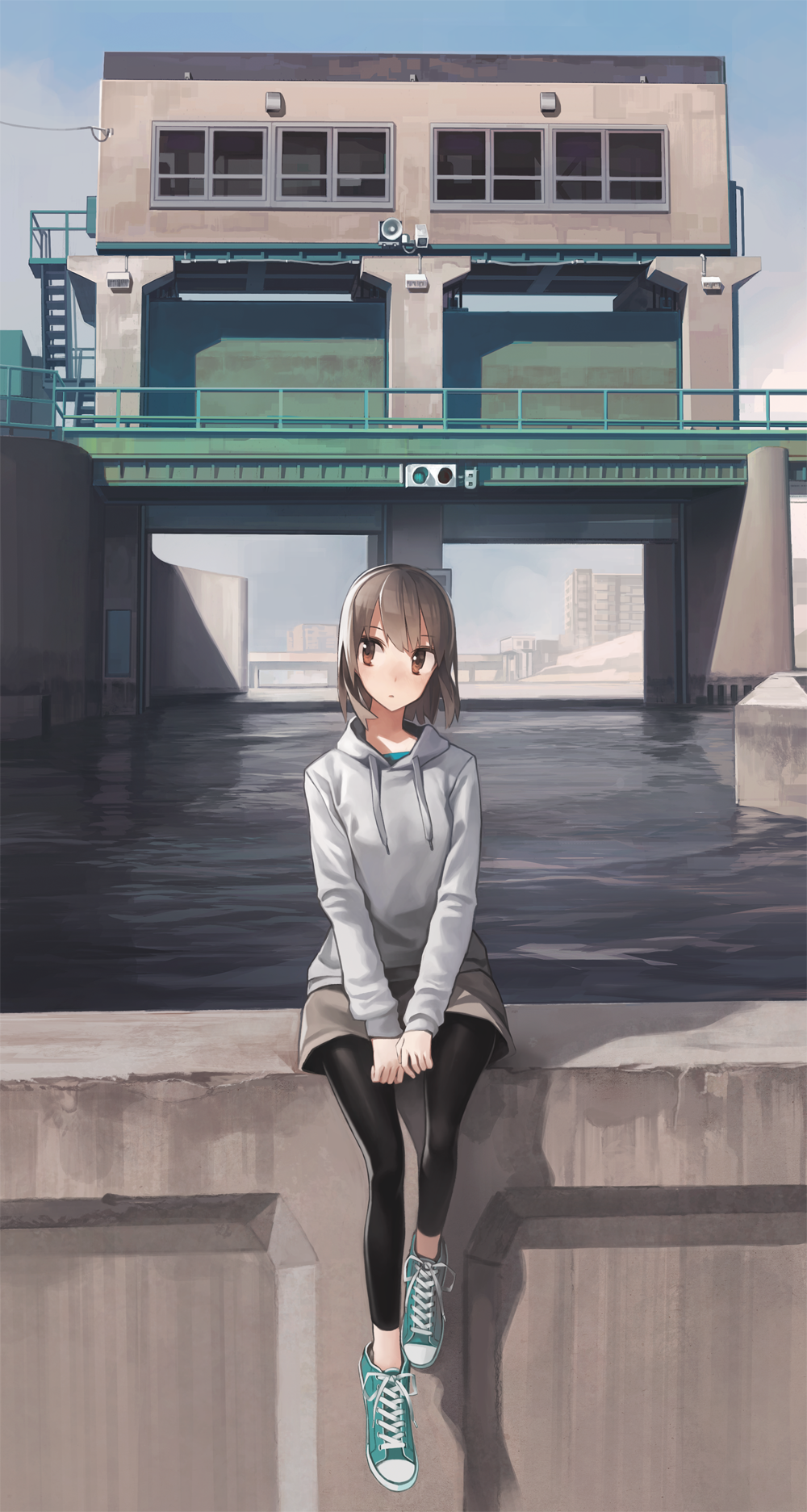 1girl, astg, black_legwear, brown_eyes, brown_hair, building, canal, highres