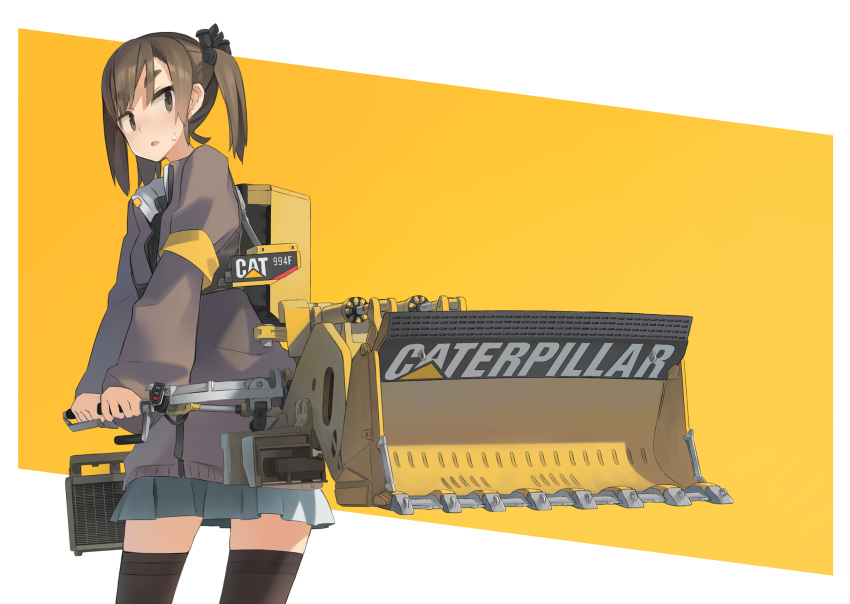 1girl, astg, brown_eyes, brown_hair, caterpillar_(company), highres, machine, original