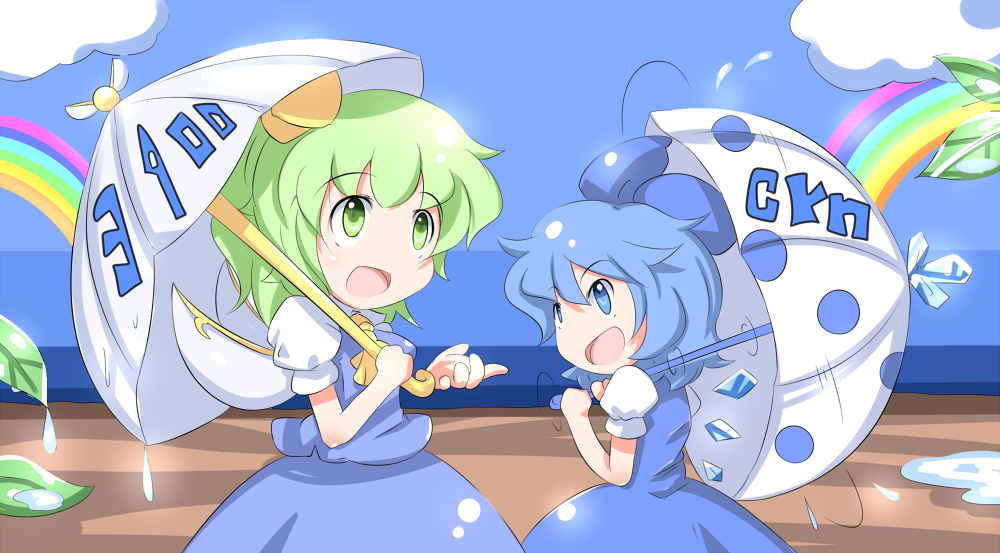 2girls, blue_eyes, blue_hair, blush, bow, cirno, daiyousei, green_eyes