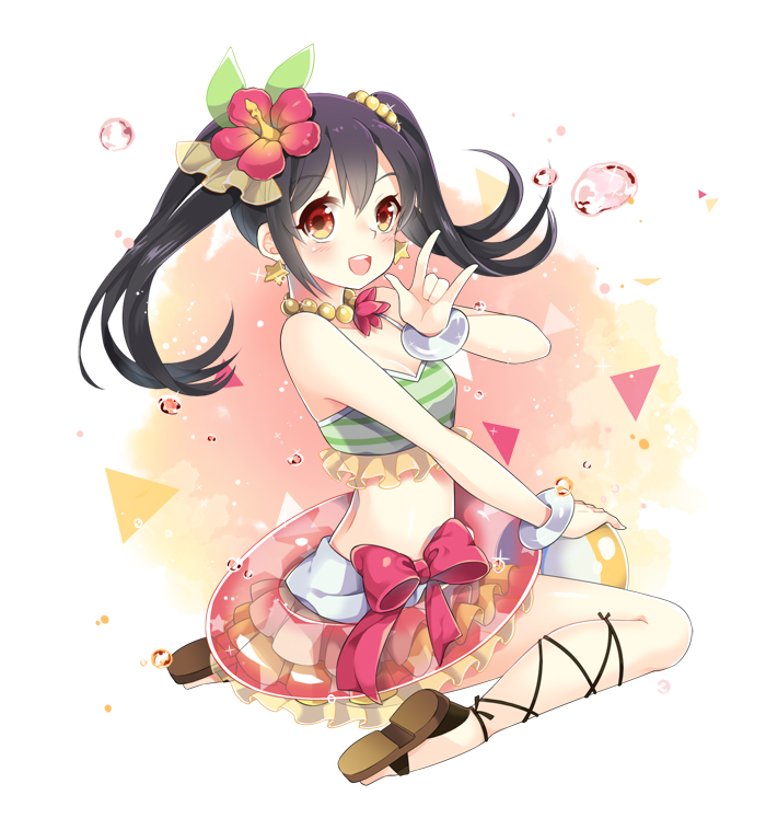 1girl, ball, bangle, black_hair, bow, bracelet, hair_bow, innertube