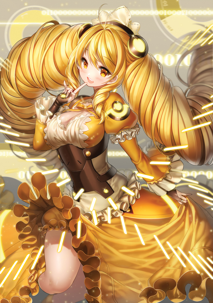 1girl, ahoge, aile_(crossroads), blonde_hair, breasts, bridal_gauntlets, cleavage_cutout, dress, drill_hair, frills, large_breasts, long_hair, open_mouth, smile, solo, twin_drills, twintails, very_long_hair, vividred_operation, vividyellow, yellow, yellow_eyes