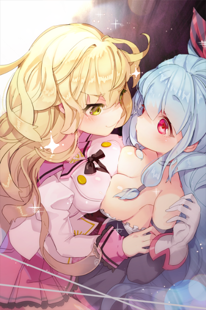 2girls, bare_shoulders, blonde_hair, blue_hair, blush, bow, breast_press, breasts
