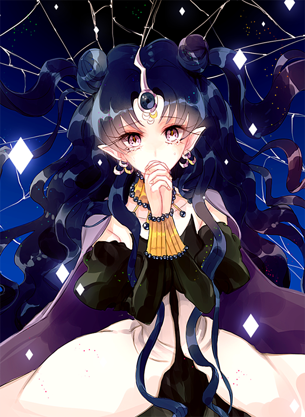1girl, ahma, bare_shoulders, bishoujo_senshi_sailor_moon, broken_glass, covering_mouth, double_bun, earrings