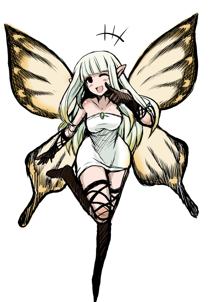 1girl, aerie_(bravely_default), black_legwear, bravely_default:_flying_fairy, butterfly_wings, dress, elbow_gloves, fairy
