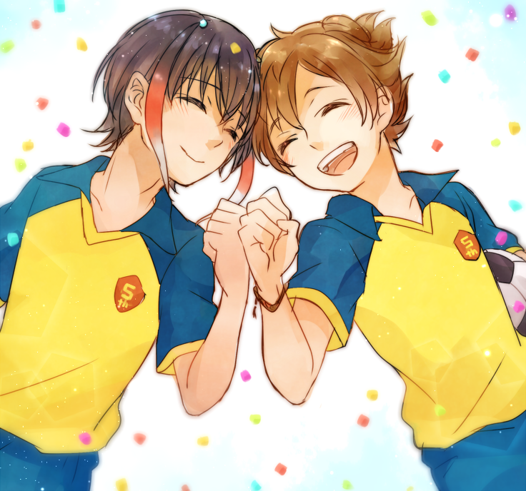 2boys, ball, best_eleven, black_hair, blush, brown_hair, closed_eyes, hair_ornament