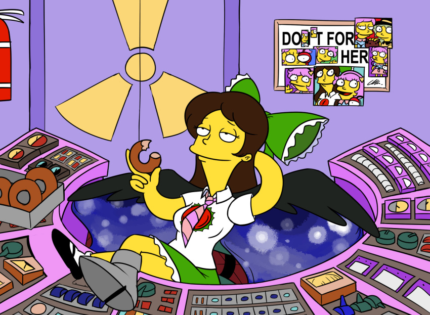 arm_support, black_eyes, black_shoes, box, brown_hair, cape, control_panel_overlay, door, doughnut, fire_extinguisher, green_hair, green_ribbon, green_skirt, hair_ribbon, kaenbyou_rin, kaenbyou_rin_(cat), komeiji_koishi, komeiji_satori, leomodesto, lights, long_hair, necktie, nuclear_powerplant, parody, poster, purple_hair, reiuji_utsuho, ribbon, shirt, short_hair, skirt, smile, socks, the_simpsons, touhou, wings, yatagarasu