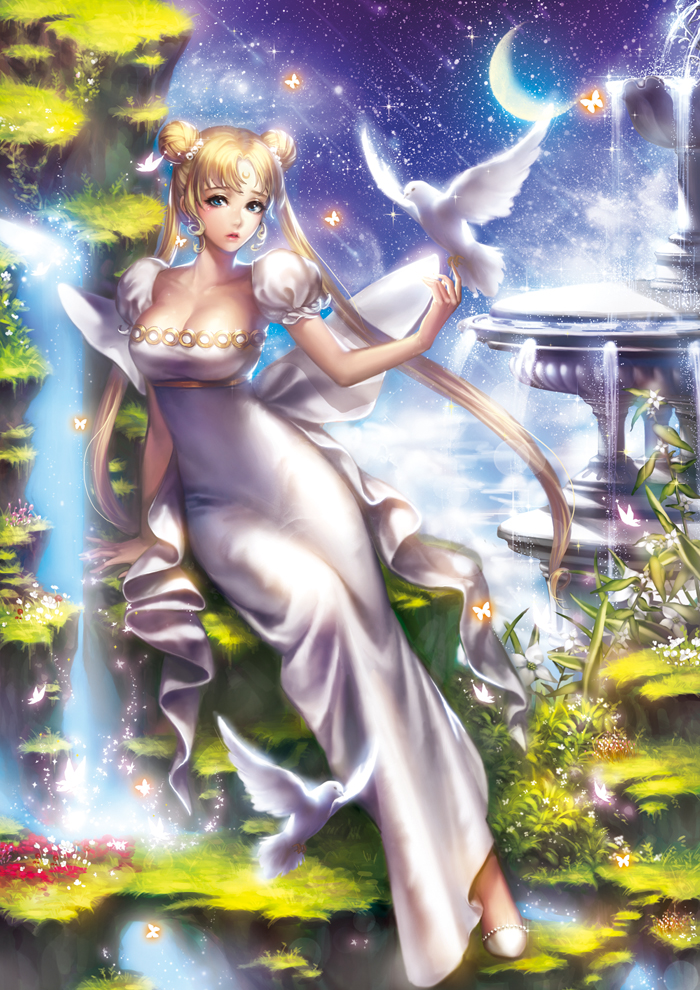 'o'ne, 1girl, bird, bird_on_hand, bishoujo_senshi_sailor_moon, blonde_hair, blue_eyes, bow, breasts, cleavage, double_bun, dress, expressionless, fountain, long_hair, princess_serenity, puffy_sleeves, shoes, sitting, solo, tsukino_usagi, twintails, white_dress