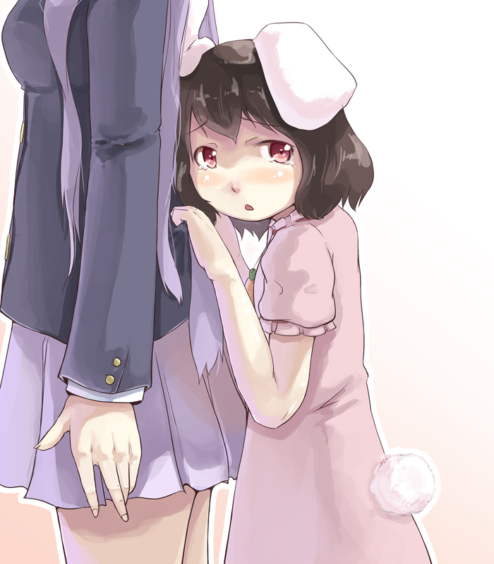 2girls, animal_ears, black_hair, bunny_tail, carrot_necklace, dress, fingernails, head_out_of_frame