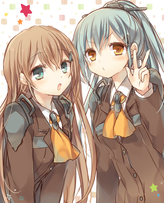 2girls, alternate_hairstyle, aqua_eyes, aqua_hair, ascot, blazer, brown_eyes, brown_hair