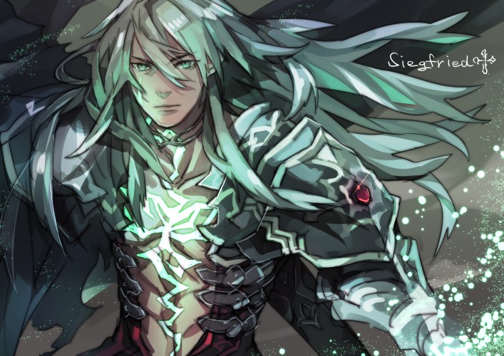 1boy, armor, ayajik, fate/apocrypha, fate_(series), gradient_hair, green_hair, long_hair, multicolored_hair, saber_of_black, solo, white_hair