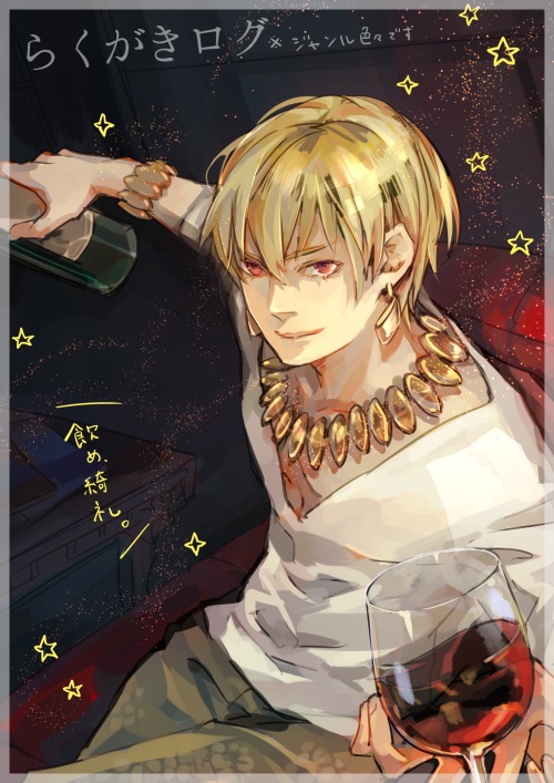 1boy, alcohol, ayajik, blonde_hair, bottle, cup, earrings, fate/zero, fate_(series), gilgamesh, jewelry, necklace, red_eyes, solo, wine, wine_glass
