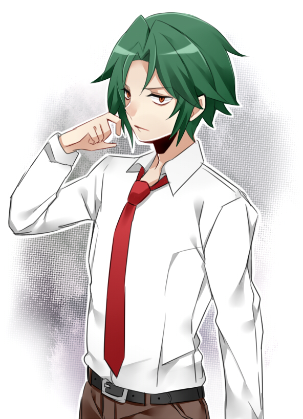 1boy, bangs, belt, brown_eyes, collared_shirt, green_hair, kudoh_(misao), long_sleeves