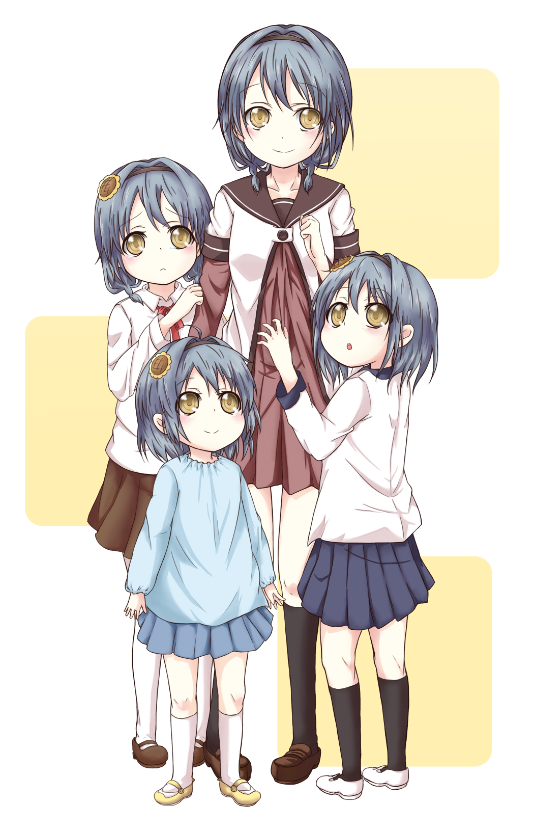 4girls, age_difference, ahoge, black_legwear, blue_hair, braid, child, collarbone