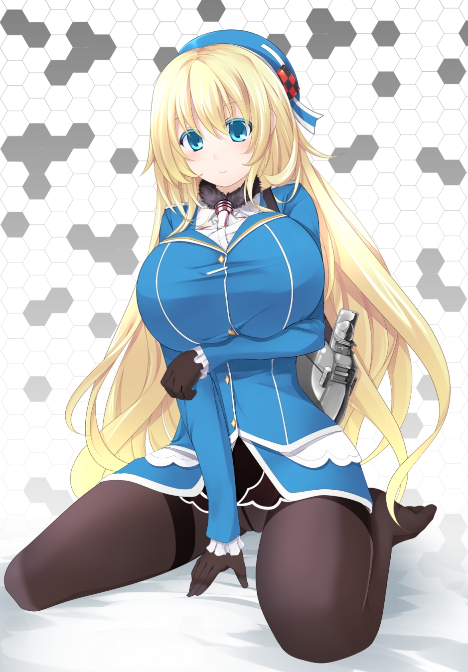 1girl, atago_(kantai_collection), black_gloves, black_legwear, blonde_hair, blue_eyes, blush, breasts