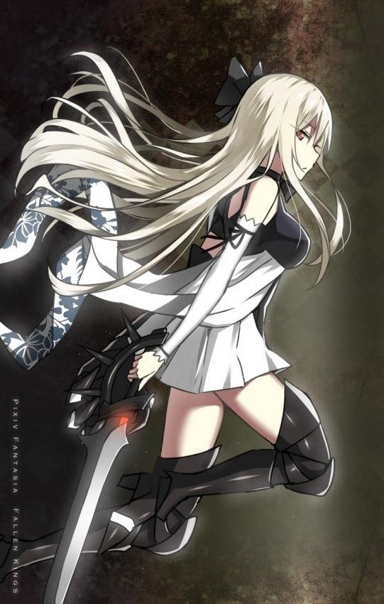 1girl, albino, armor, bastard_sword, copyright_name, dark, dress, edgy, girl, pixiv_fantasia, pixiv_fantasia:_fallen_kings, red_eyes, skirt, stoic, white_hair, woman