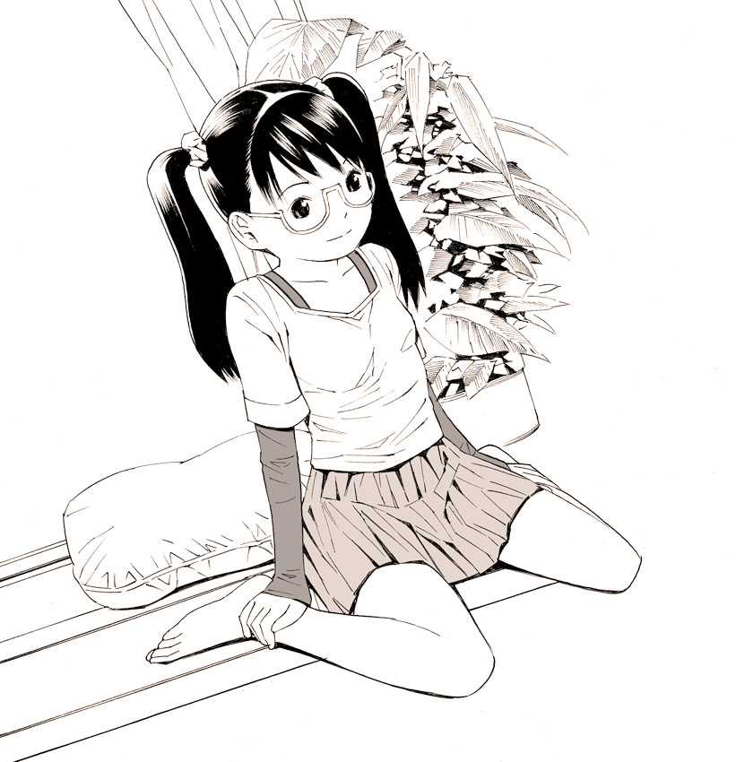 1girl, glasses, monochrome, original, skirt, solo, yoshitomi_akihito