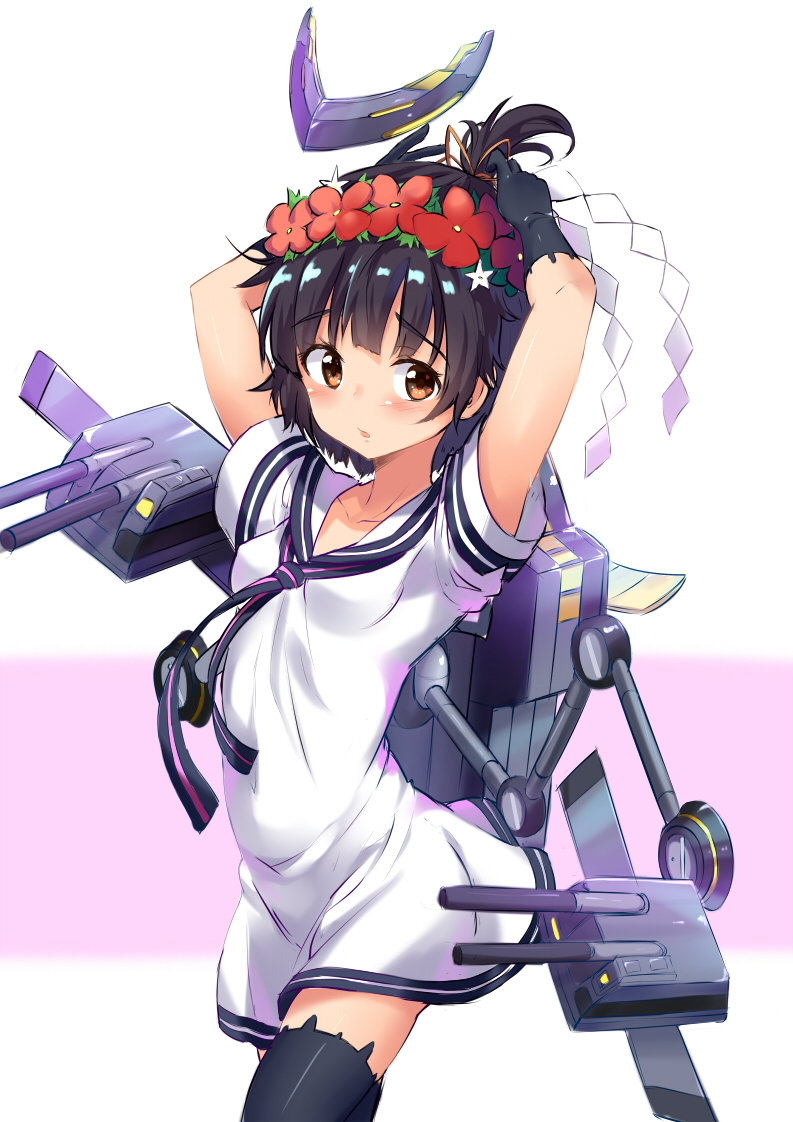 1girl, black_hair, brown_eyes, cosplay, detached_sleeves, flower, gloves, hair_flower