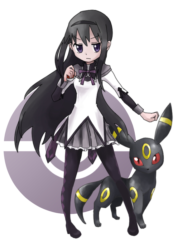 1girl, akemi_homura, black_hair, hairband, holding, holding_poke_ball, long_hair, looking_at_viewer, magical_girl, mahou_shoujo_madoka_magica, pantyhose, poke_ball, pokemon, pokemon_(creature), simple_background, skirt, umbreon, violet_eyes, white_background, yukasuke