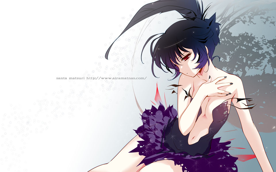bare_shoulders, black_hair, breasts, cleavage, feathers, navel, princess_kraehe, princess_tutu