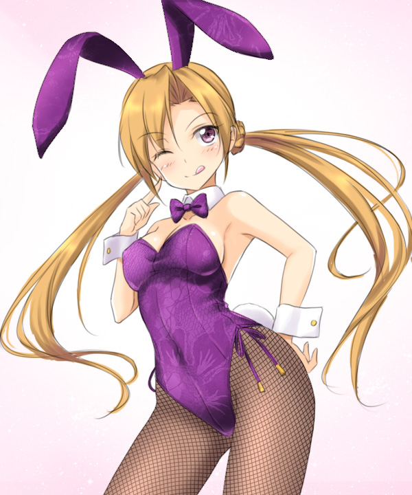 1girl, animal_ears, bowtie, brown_hair, bunnysuit, detached_collar, fishnet_pantyhose, fishnets