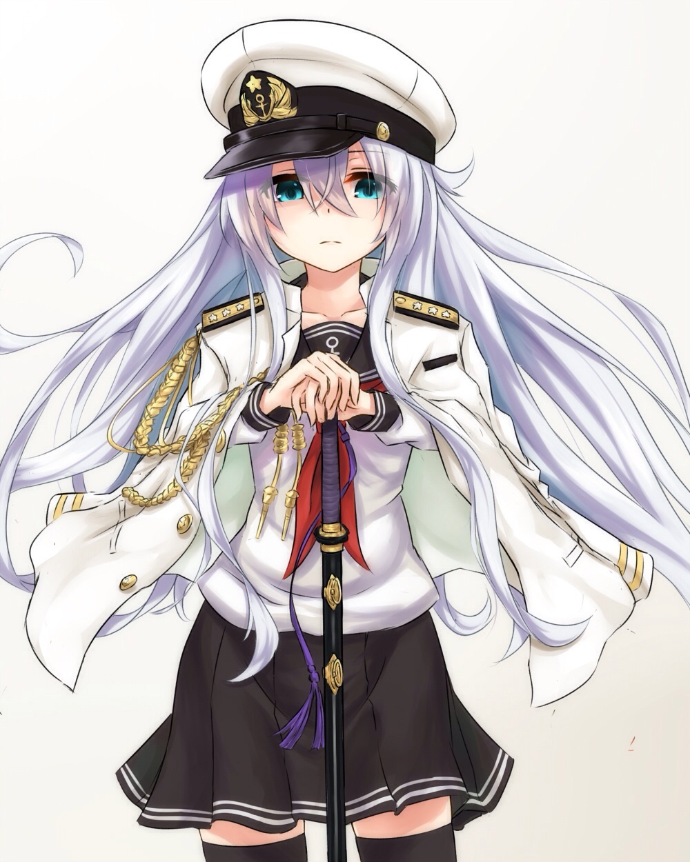 1girl, admiral_(kantai_collection)_(cosplay), anchor_symbol, azuuru_(azure0608), blue_eyes, hat, hibiki_(kantai_collection), highres