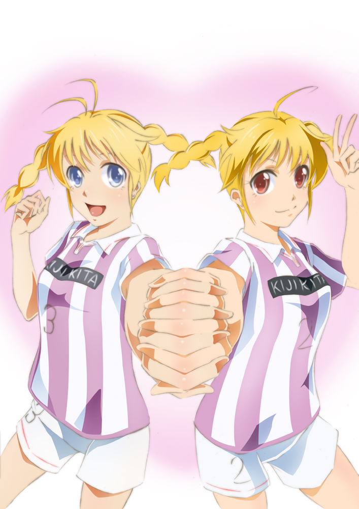 2girls, ahoge, antenna_hair, blonde_hair, blue_eyes, braid, foreshortening, holding_hands