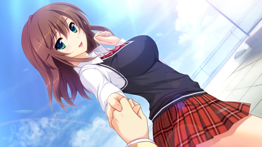 1girl, bangs, blush, breasts, brown_hair, checkered, checkered_necktie, checkered_skirt